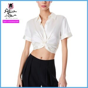 Alice + Olivia Phebe Twist Front Button Down White Top